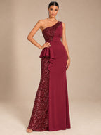 Women’s Emerald Green Elegant Sequin One Shoulder Sleeveless Mermaid Maxi Dress with Asymmetric Ruffle and Colorblock Detail