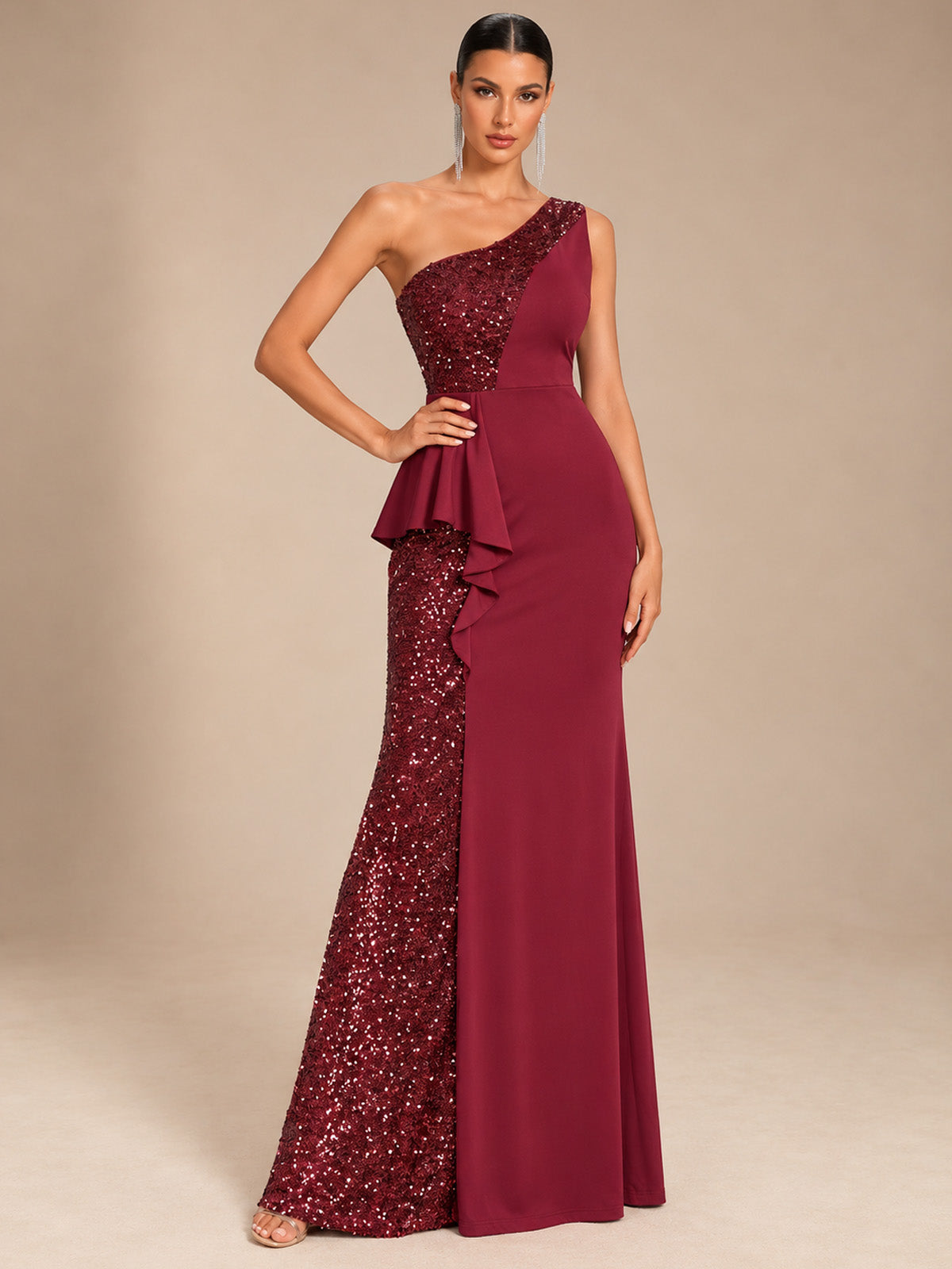 Women’s Emerald Green Elegant Sequin One Shoulder Sleeveless Mermaid Maxi Dress with Asymmetric Ruffle and Colorblock Detail
