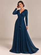 Women’s Navy Blue Elegant Glitter Mesh V-Neck Long Sleeve A-Line Maxi Dress with Tassel Tie Waist