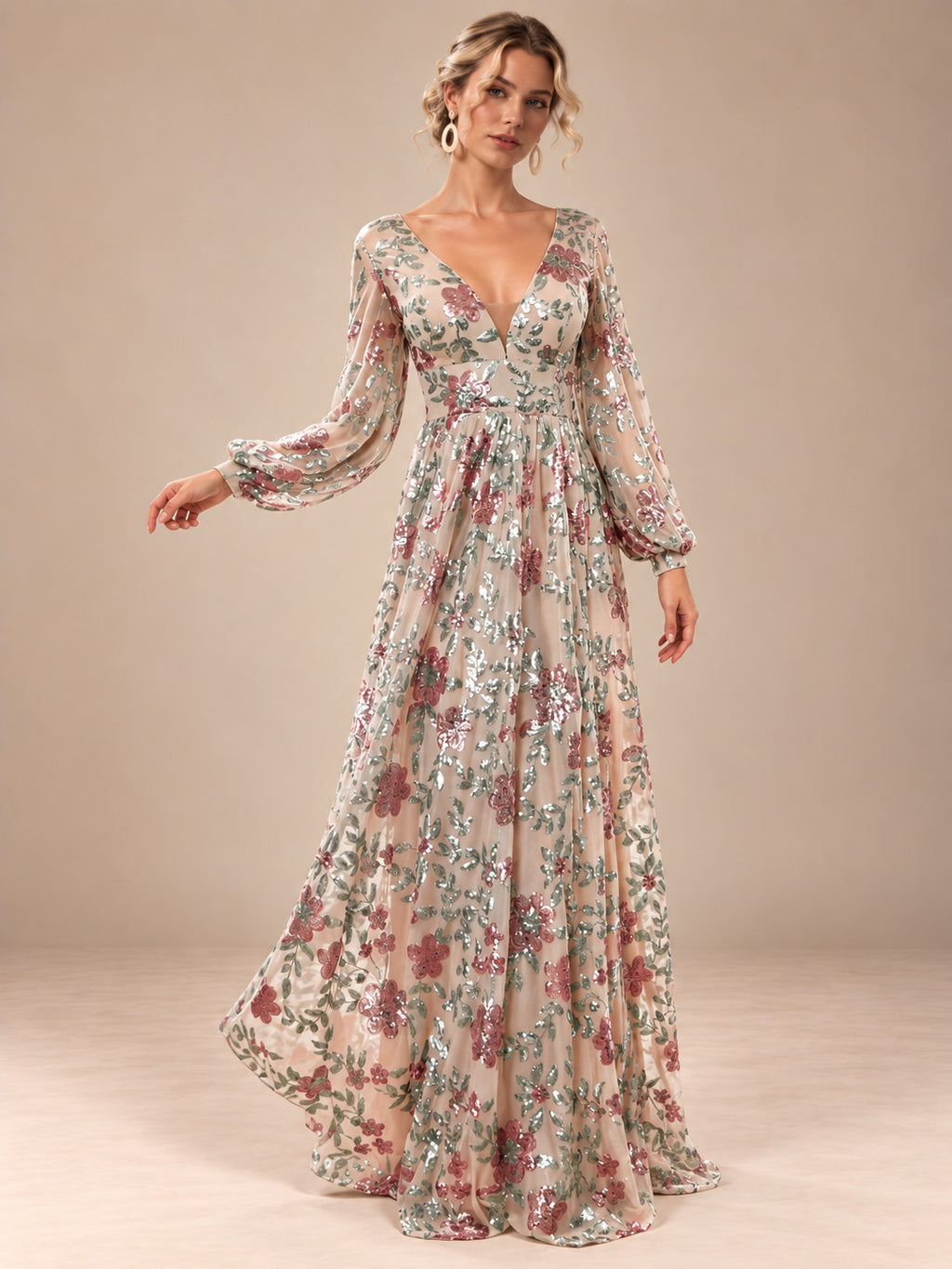 Women’s Champagne Elegant Floral Sequin V-Neck Long Sleeve A-Line Maxi Dress with Sheer Mesh Detail