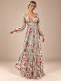 Women’s Champagne Elegant Floral Sequin V-Neck Long Sleeve A-Line Maxi Dress with Sheer Mesh Detail