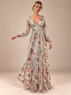 Women’s Champagne Elegant Floral Sequin V-Neck Long Sleeve A-Line Maxi Dress with Sheer Mesh Detail