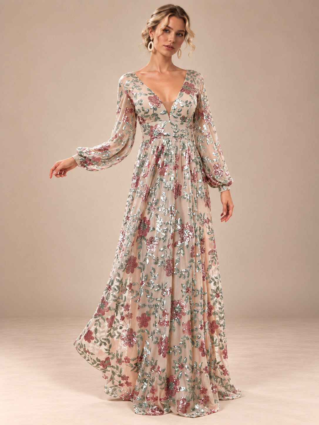 Women’s Champagne Elegant Floral Sequin V-Neck Long Sleeve A-Line Maxi Dress with Sheer Mesh Detail