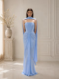 Women’s Light Blue Refined Chiffon Draped Cape Sleeve Maxi Dress