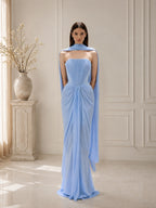 Women’s Light Blue Refined Chiffon Draped Cape Sleeve Maxi Dress