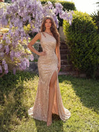 Women’s Champagne Gold Glamorous Sequin One Shoulder Sleeveless Mermaid Maxi Dress with Ruched Detail, High Slit and Lace-Up Back