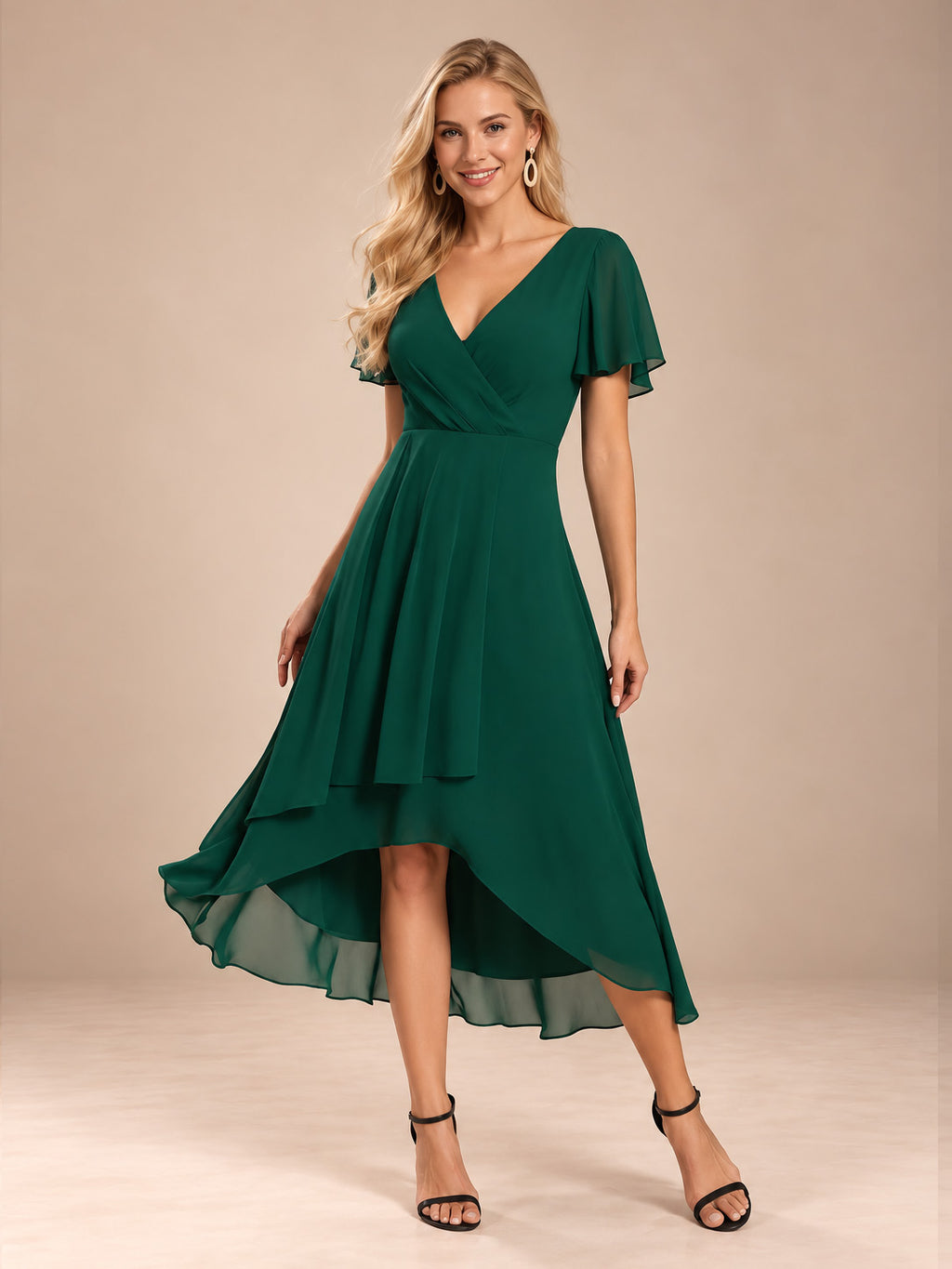 Women’s Emerald Green Elegant Chiffon V-Neck Flutter Sleeve High-Low A-Line Midi Dress with Wrap Detail