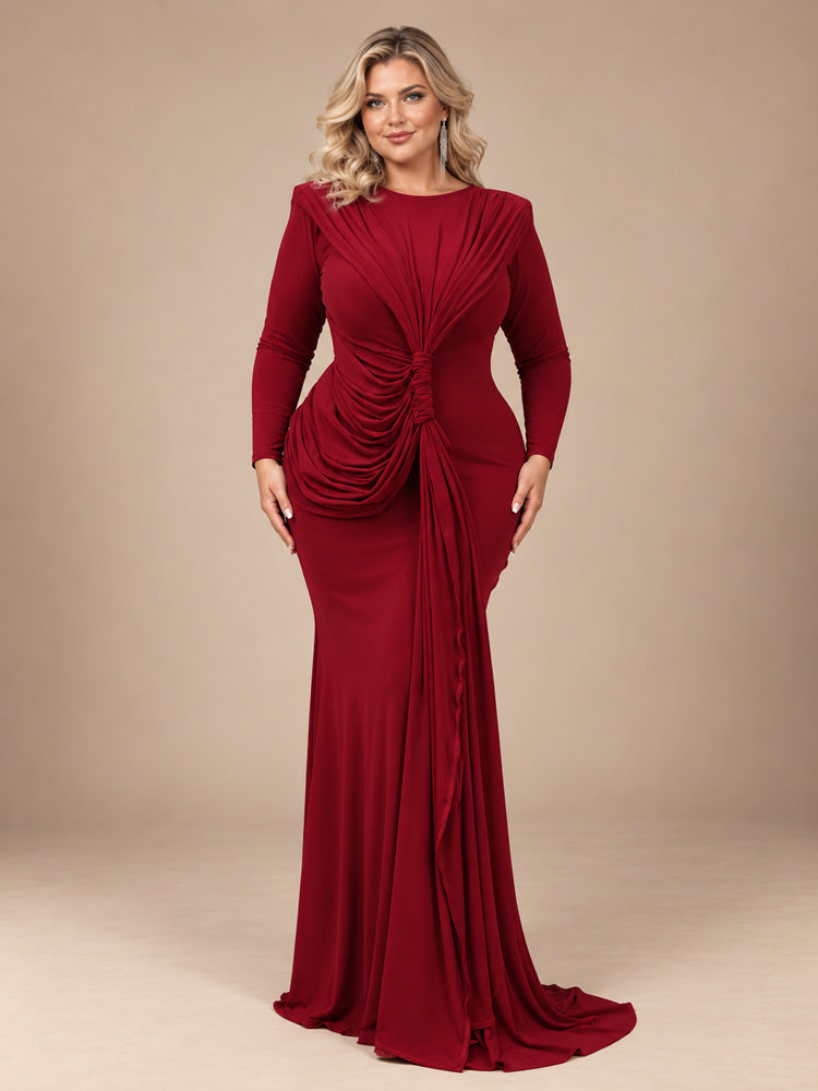 Women’s Burgundy Elegant Ruched Round Neck Long Sleeve Mermaid Maxi Dress with Draped Waist