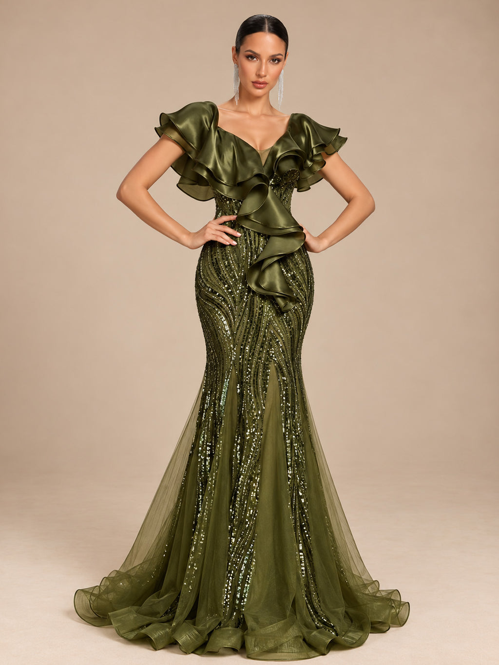 Women’s Olive Green Elegant Sequin V-Neck Short Ruffle Sleeve Mermaid Maxi Dress with Cascading Ruffle Detail