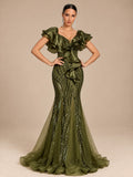 Women’s Olive Green Elegant Sequin V-Neck Short Ruffle Sleeve Mermaid Maxi Dress with Cascading Ruffle Detail