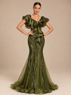 Women’s Olive Green Elegant Sequin V-Neck Short Ruffle Sleeve Mermaid Maxi Dress with Cascading Ruffle Detail