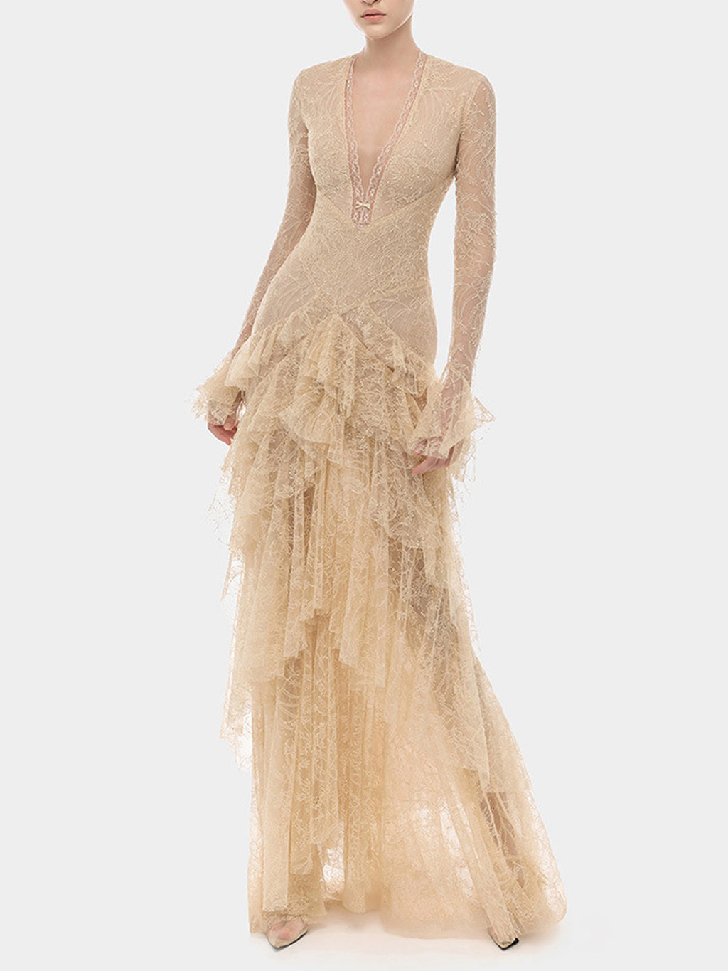Women’s Champagne Elegant Floral Lace Deep V-Neck Long Sleeve A-Line Maxi Dress with Tiered Ruffle Detail
