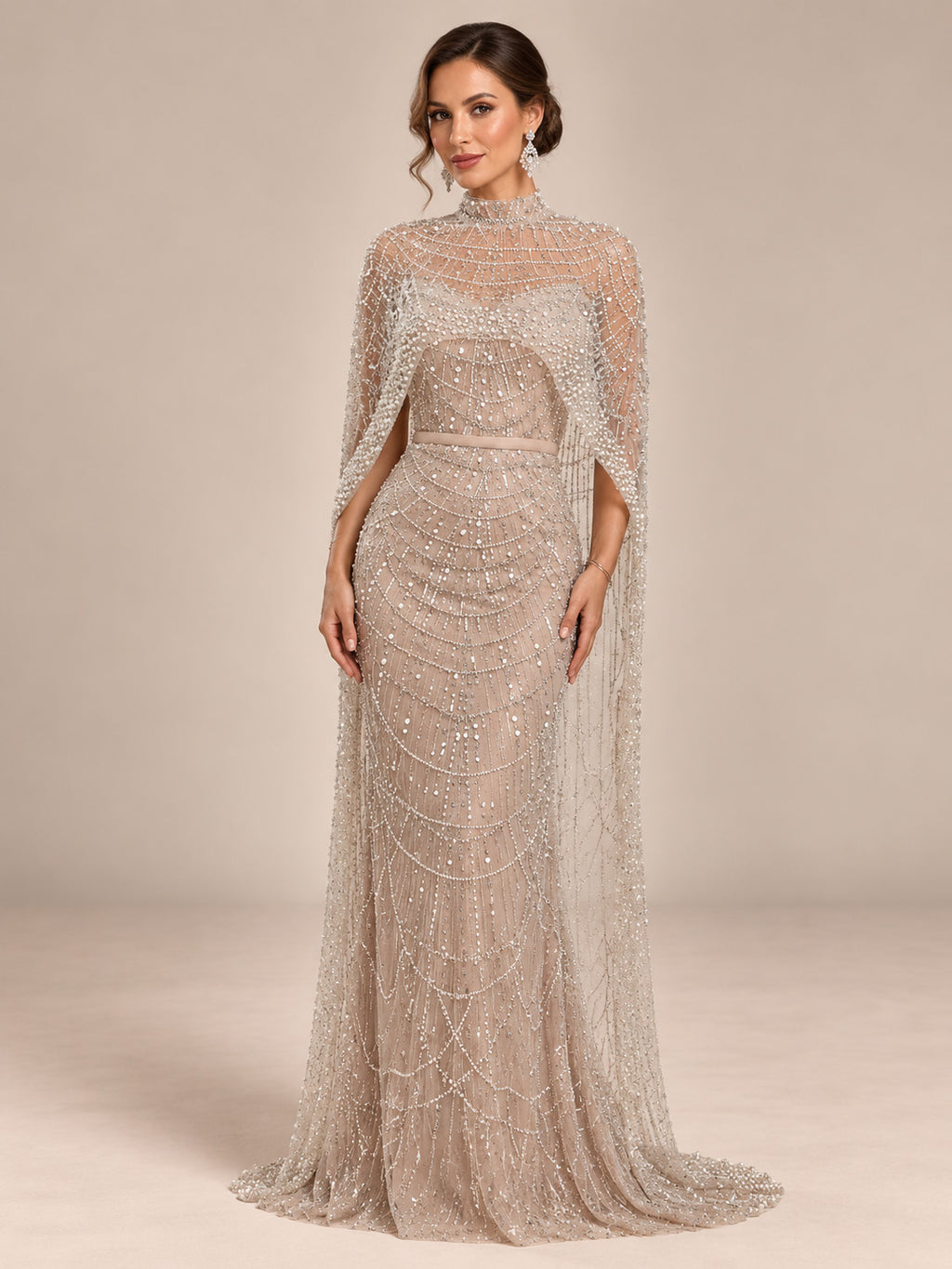 Women’s Champagne Beaded Mermaid Wedding Dress High Neck Long Sleeve Bridal Gown with Crystal Embellished Cape Detail