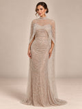 Women’s Champagne Beaded Mermaid Wedding Dress High Neck Long Sleeve Bridal Gown with Crystal Embellished Cape Detail
