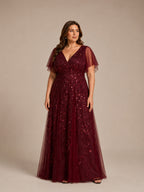 Women’s Burgundy Glamorous Sequin Mesh V Neck Flutter Short Sleeve A-Line Maxi Dress with Embellished Detail