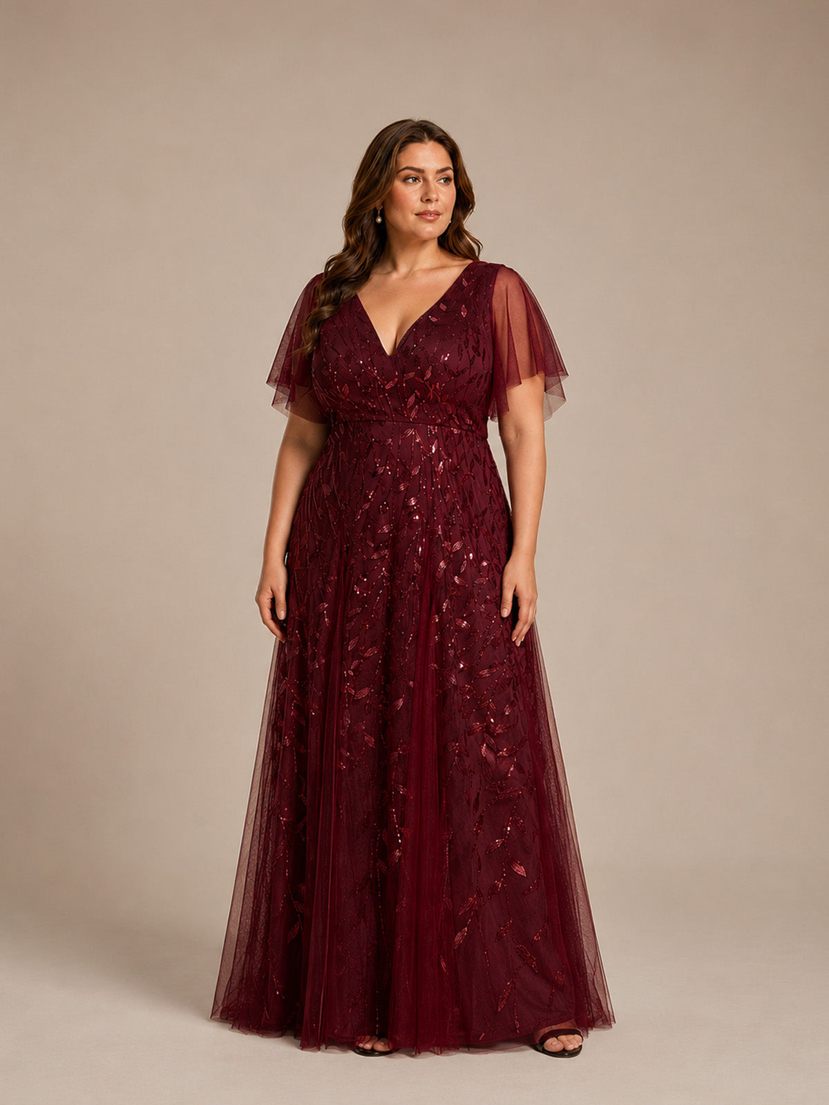 Women’s Burgundy Glamorous Sequin Mesh V Neck Flutter Short Sleeve A-Line Maxi Dress with Embellished Detail