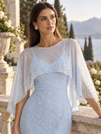 Women’s Light Blue Elegant Lace Round Neck 3/4 Sleeve Mermaid Maxi Dress with Pearl Mesh Overlay