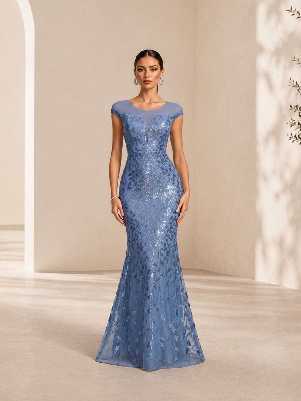 Women’s Blue Floral Lace Mesh Round Neck Short Sleeve Slim Mermaid Maxi Dress