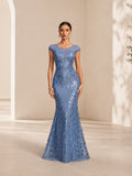 Women’s Blue Floral Lace Mesh Round Neck Short Sleeve Slim Mermaid Maxi Dress