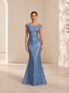 Women’s Blue Floral Lace Mesh Round Neck Short Sleeve Slim Mermaid Maxi Dress