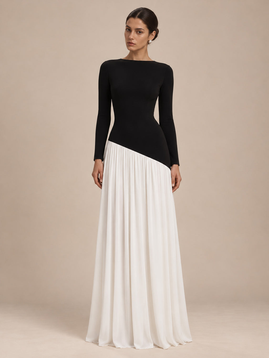 Women’s Black and White Elegant Round Neck Long Sleeve Colorblock A-Line Maxi Dress with Asymmetric Waist and Pleated Detail