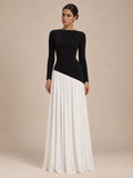 Women’s Black and White Elegant Round Neck Long Sleeve Colorblock A-Line Maxi Dress with Asymmetric Waist and Pleated Detail