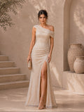 Women’s Champagne Elegant Sequin Asymmetrical Neck Short Sleeve Slim Mermaid Maxi Dress with Beaded Detail and High Slit