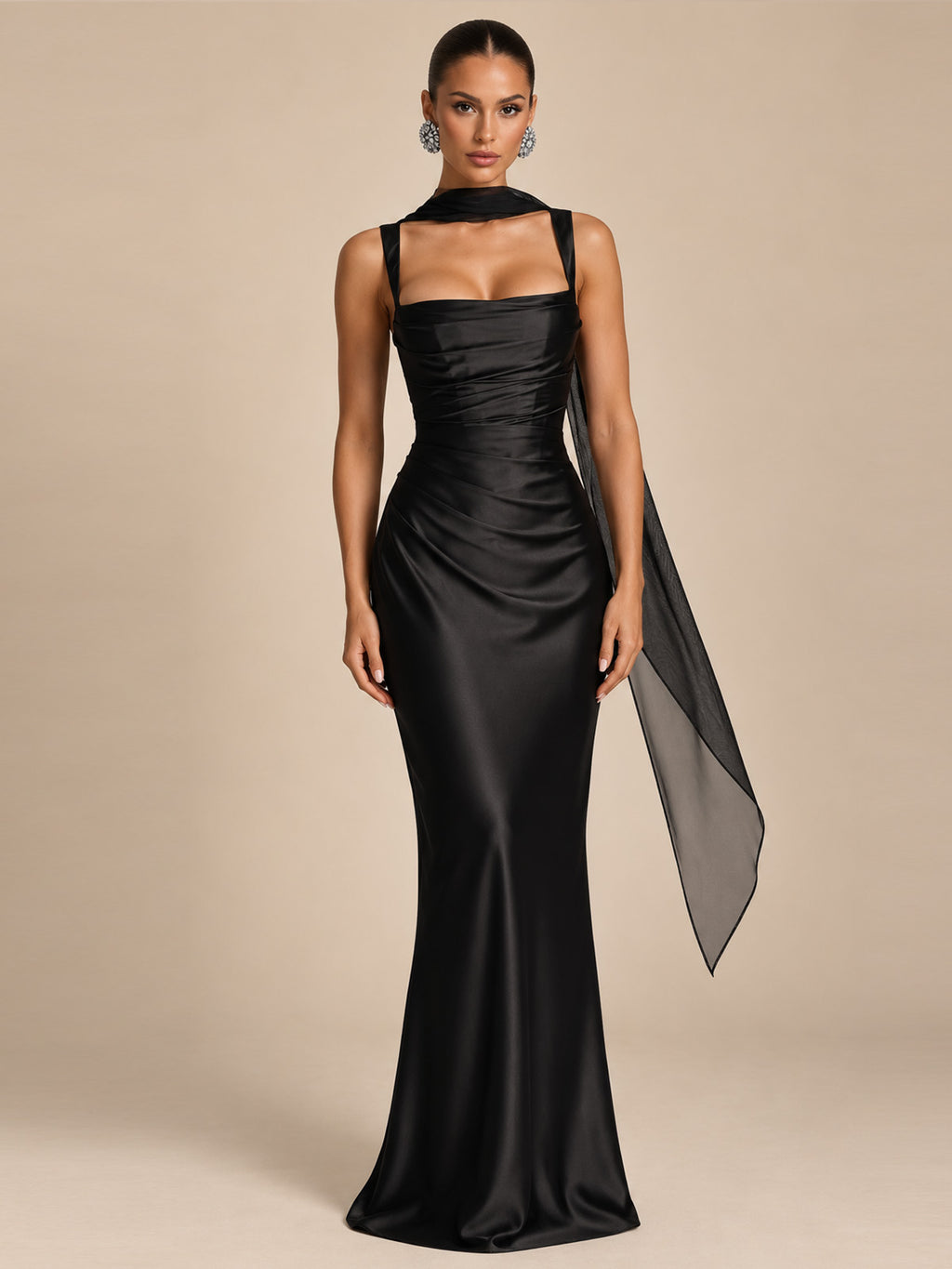 Women's Elegant Satin Square Neck Spaghetti Strap Ruched Corset Sheath Maxi Evening Dress with Lace-Up Back