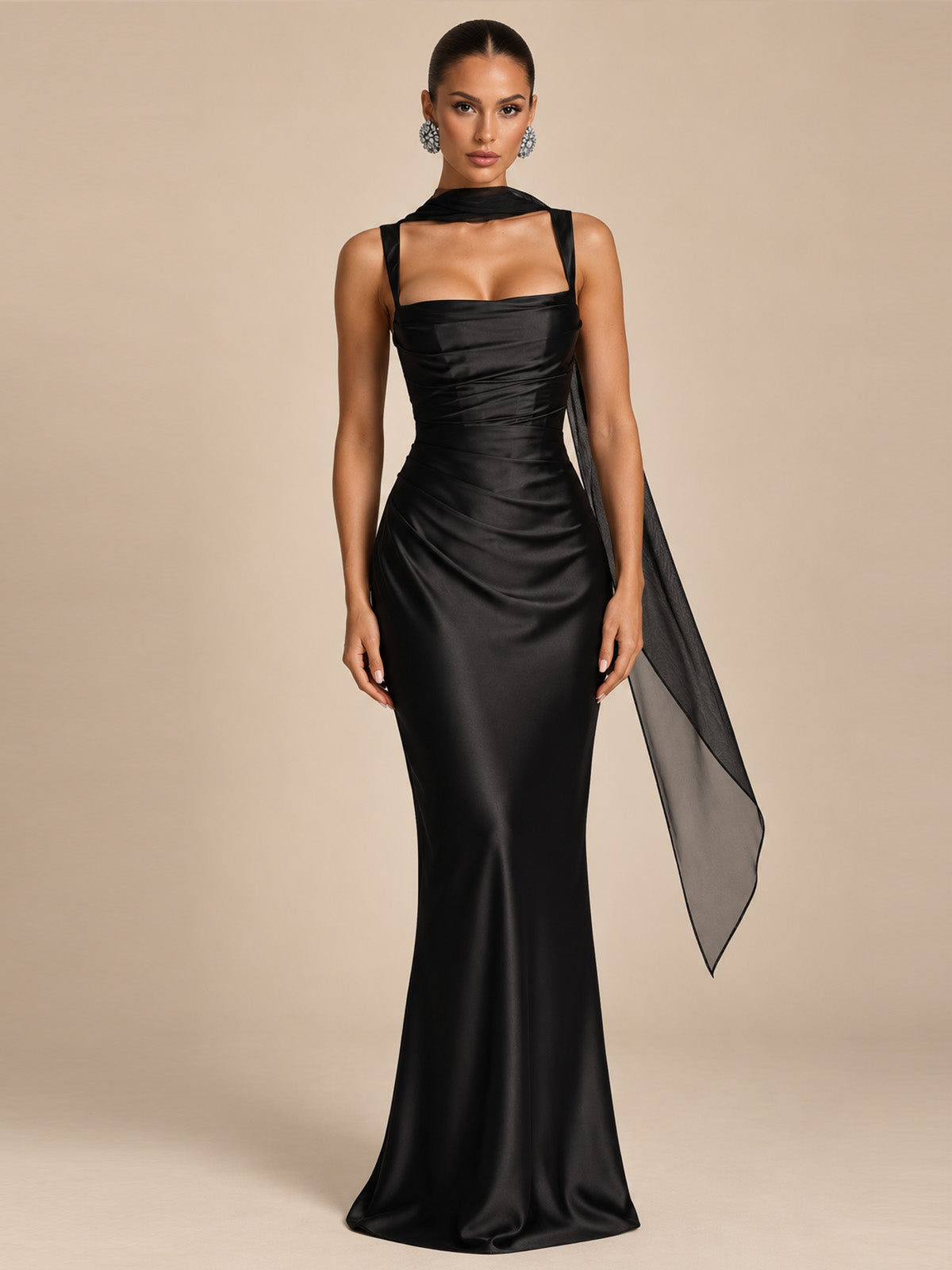 Women's Elegant Satin Square Neck Spaghetti Strap Ruched Corset Sheath Maxi Evening Dress with Lace-Up Back