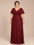 Women's Plus Size Burgundy Sequin V-Neck Flutter Sleeve A-Line Maxi Evening Dress