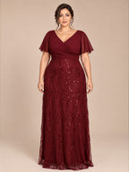 Women's Plus Size Burgundy Sequin V-Neck Flutter Sleeve A-Line Maxi Evening Dress