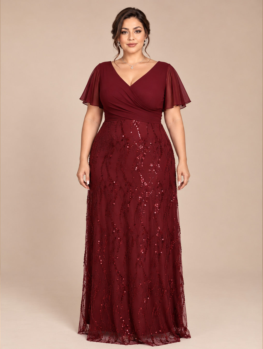 Women's Plus Size Burgundy Sequin V-Neck Flutter Sleeve A-Line Maxi Evening Dress