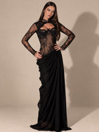 Women’s Black Gothic Elegant Floral Lace High Neck Long Sleeve Sheer Mermaid Maxi Dress with Ruched Draped Detail