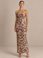 Women’s Champagne Gold Elegant Floral Sequin Square Neck Spaghetti Strap Sleeveless Sheath Maxi Dress with Back Slit