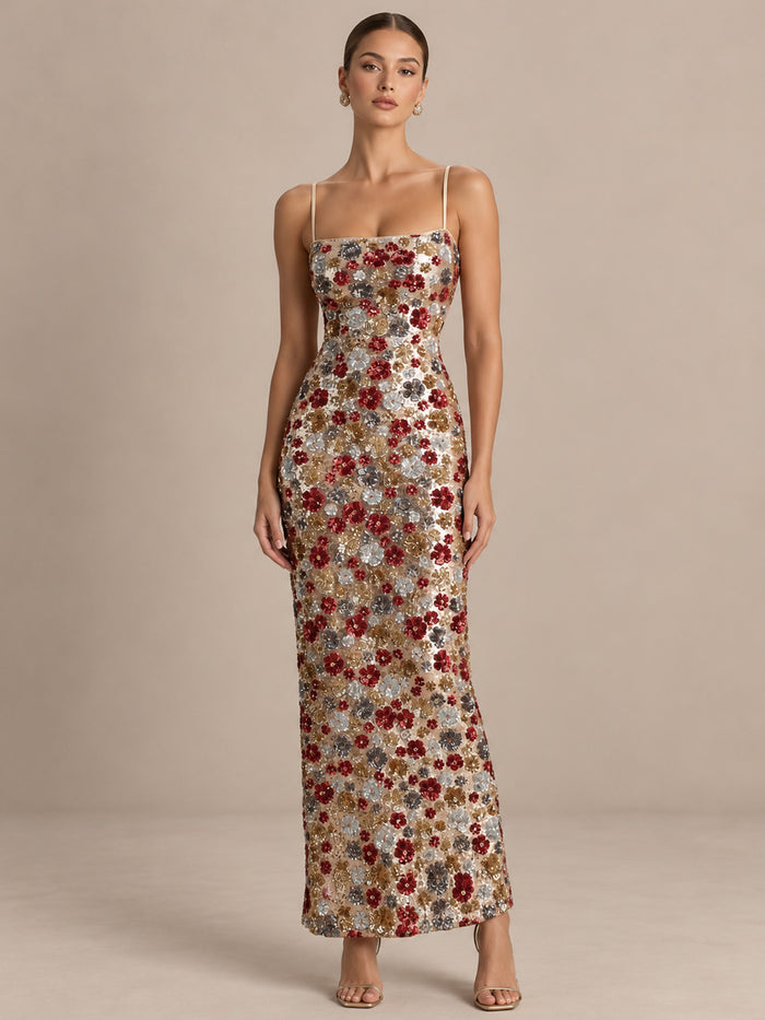 Women’s Champagne Gold Elegant Floral Sequin Square Neck Spaghetti Strap Sleeveless Sheath Maxi Dress with Back Slit