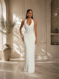 Women’s White Elegant Halter Neck Crochet Knit Backless Maxi Dress