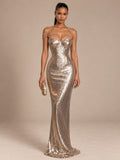 Women’s Glamorous Sequin Sweetheart Neck Sleeveless Mermaid Maxi Dress with Rhinestone Straps and Fitted Waist