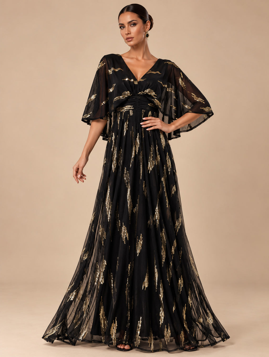 Women's Glamorous Black and Gold Metallic Print V-Neck Flutter Sleeve A-Line Maxi Evening Dress
