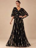 Women's Glamorous Black and Gold Metallic Print V-Neck Flutter Sleeve A-Line Maxi Evening Dress