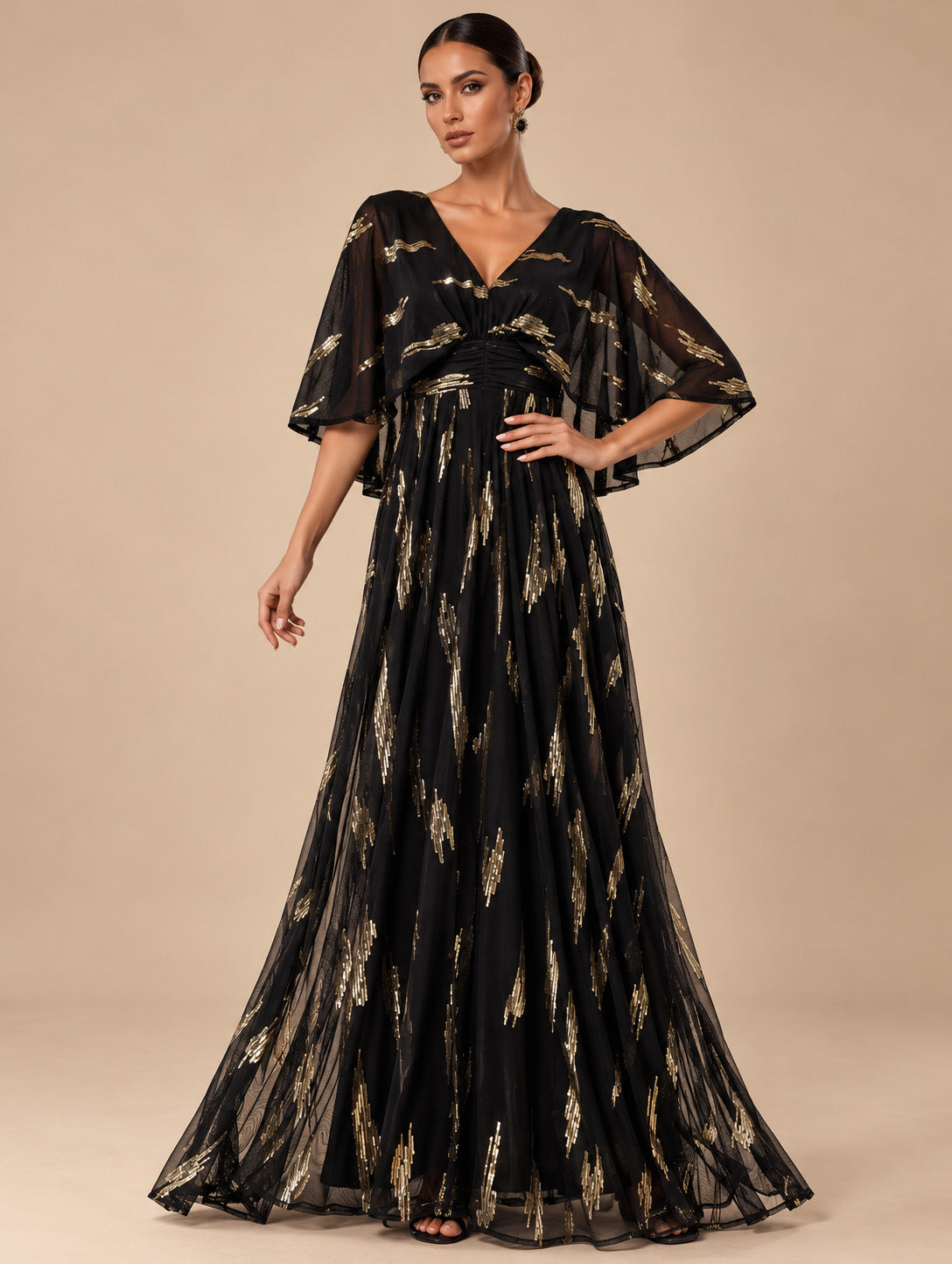 Women's Glamorous Black and Gold Metallic Print V-Neck Flutter Sleeve A-Line Maxi Evening Dress