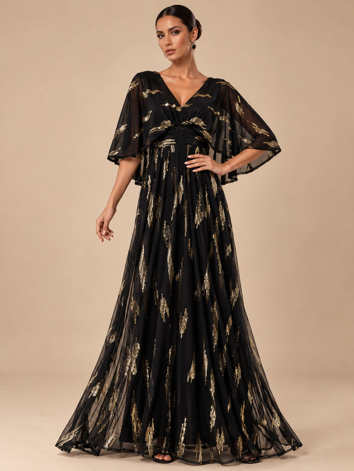 Women's Glamorous Black and Gold Metallic Print V-Neck Flutter Sleeve A-Line Maxi Evening Dress