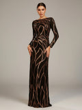 Women’s Black and Bronze Elegant Sequin Mesh Round Neck Long Sleeve Column Maxi Dress with Geometric Pattern