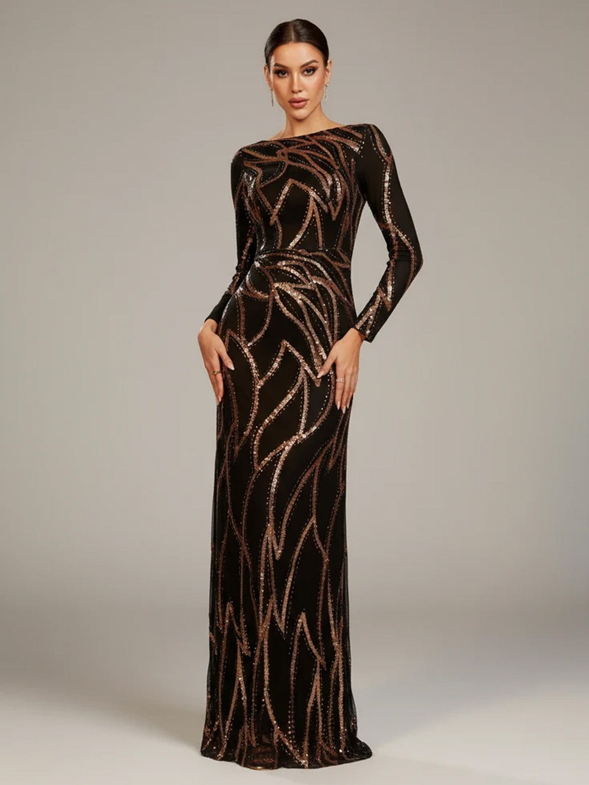 Women’s Black and Bronze Elegant Sequin Mesh Round Neck Long Sleeve Column Maxi Dress with Geometric Pattern