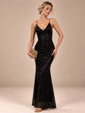 Women’s Black Glamorous Sequin V-Neck Spaghetti Strap Mermaid Maxi Dress with Ruched Detail