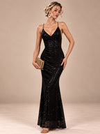 Women’s Black Glamorous Sequin V-Neck Spaghetti Strap Mermaid Maxi Dress with Ruched Detail