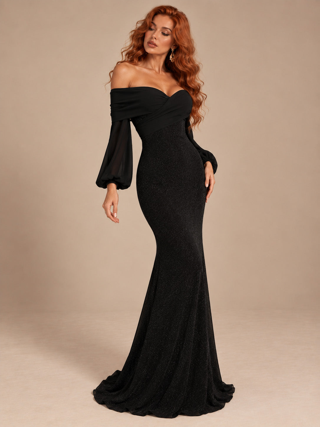 Women’s Black Elegant Sequin Off Shoulder Long Sleeve Mermaid Maxi Dress with Ruched Bodice Detail