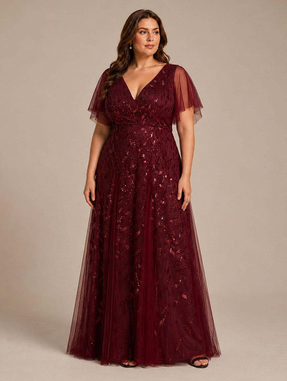 Women’s Burgundy Glamorous Sequin Mesh V Neck Flutter Short Sleeve A-Line Maxi Dress with Embellished Detail