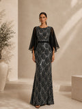 Women’s Black Art Deco Sequin Mesh Round Neck Cape Sleeve Slim Maxi Dress