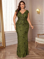 Women’s Olive Green Elegant Sequin Mesh V-Neck Cap Sleeve Mermaid Maxi Dress