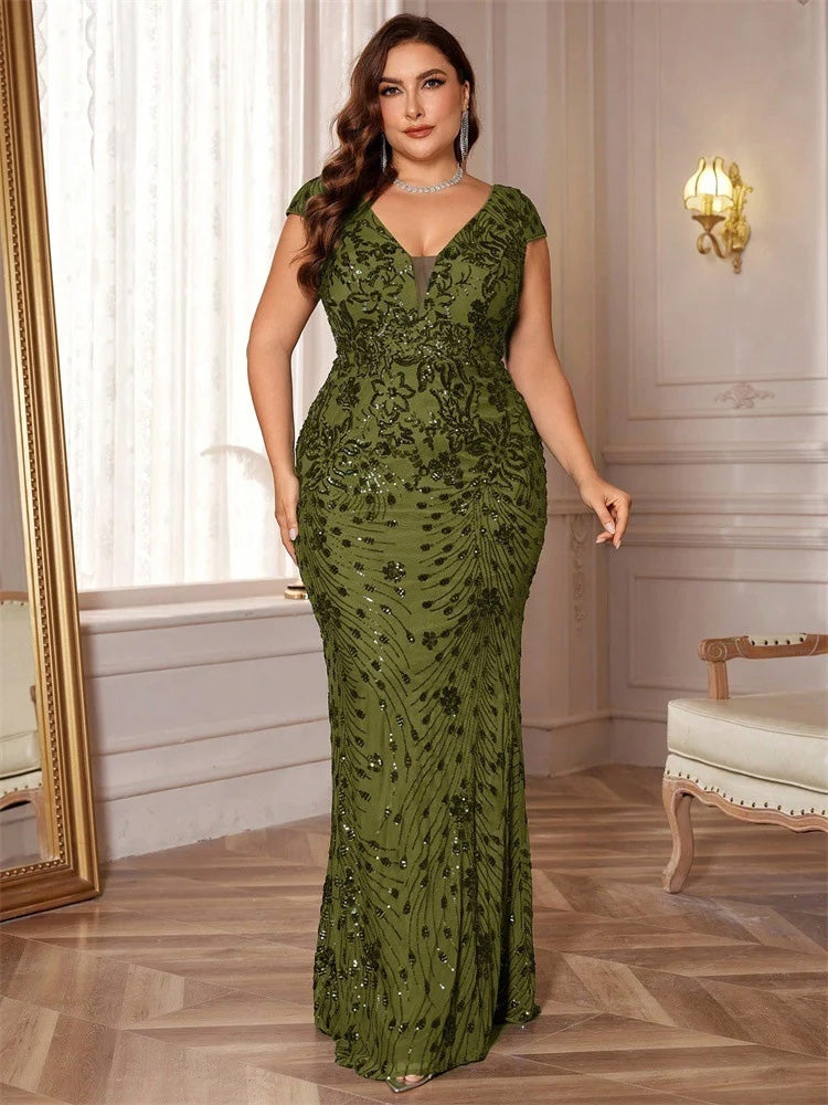 Women’s Olive Green Elegant Sequin Mesh V-Neck Cap Sleeve Mermaid Maxi Dress